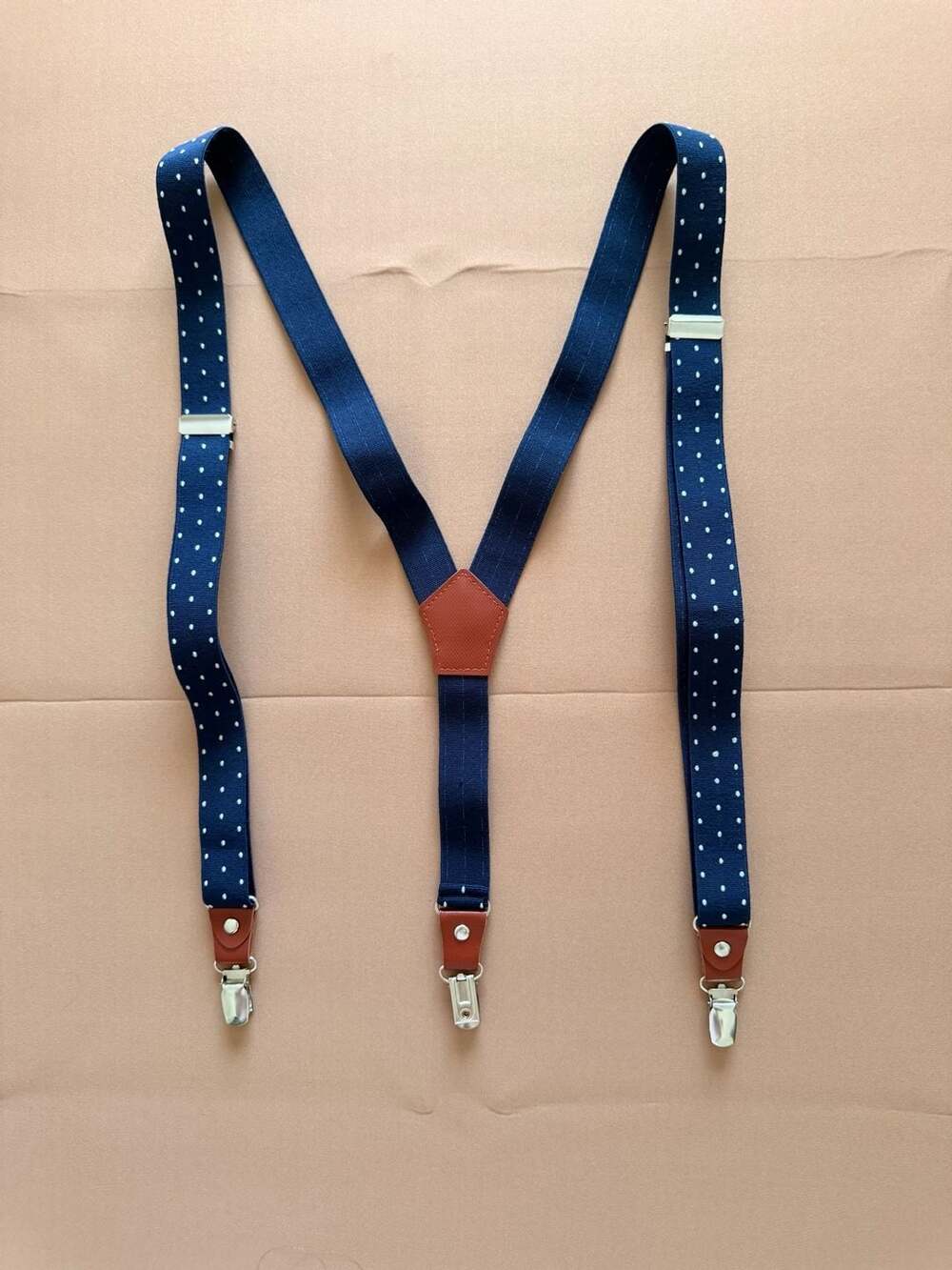 Navy Polka Dot Y-Back Suspenders with Brown Leather Accents